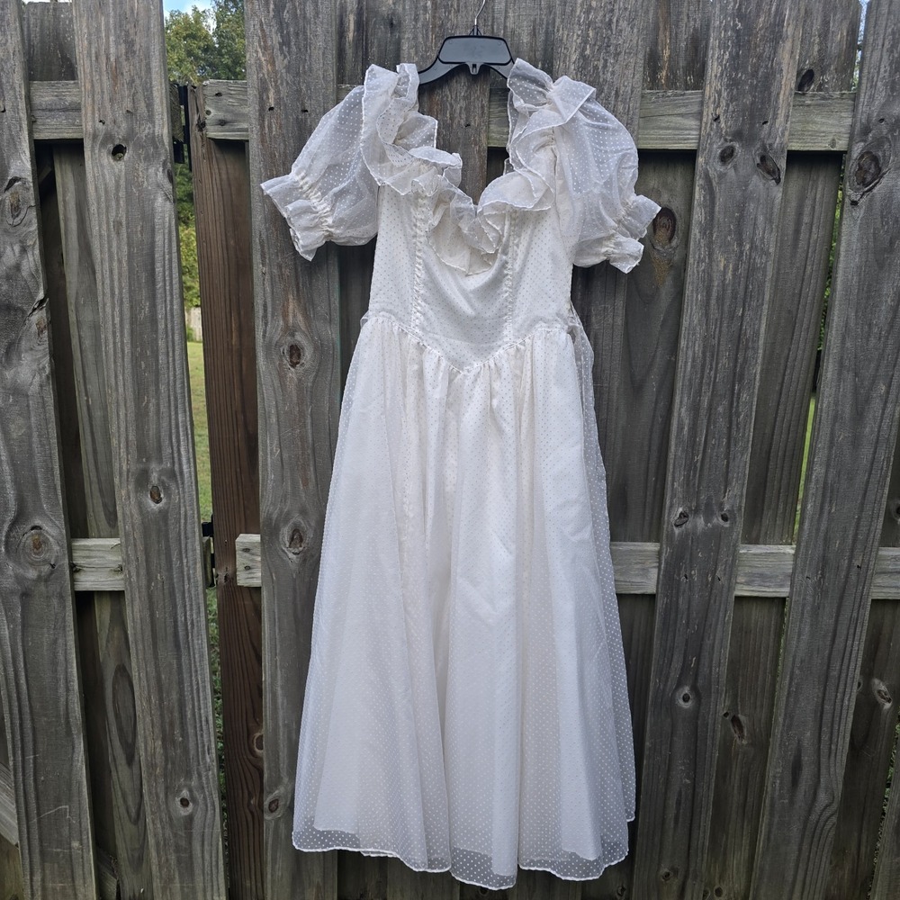 Vintage Gunne Sax Jessica McClintock Dress 13 White Swiss Dot Ruffle Prairie
